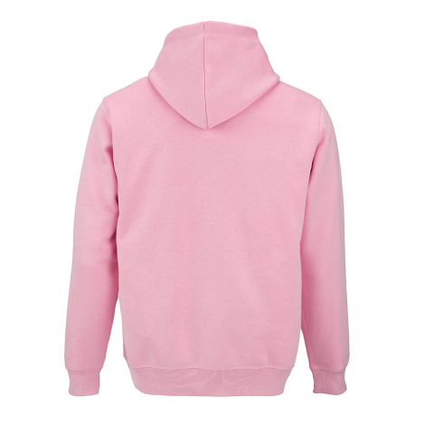 Sweat à capuche unisexe rose présenté de dos, sans personnalisation visible.
