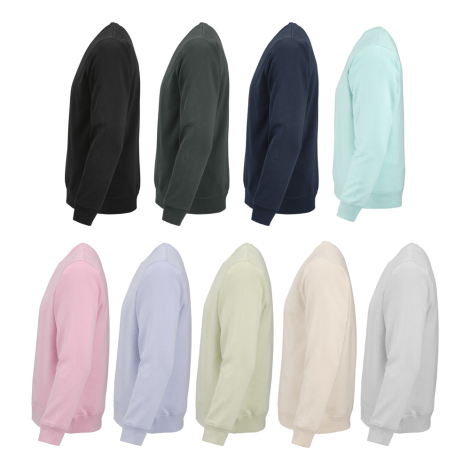 Sweat à col rond unisexe présenté de profil dans neuf coloris différents, sans personnalisation visible.