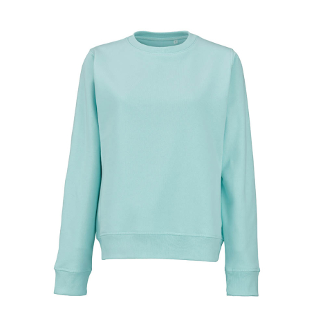 Vue de face d'un sweat pour femme à col rond bleu clair, sans personnalisation visible.