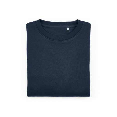 Gros plan sur un sweat pour femme à col rond plié, montrant le col rond et l'intérieur du col, sans personnalisation visible.