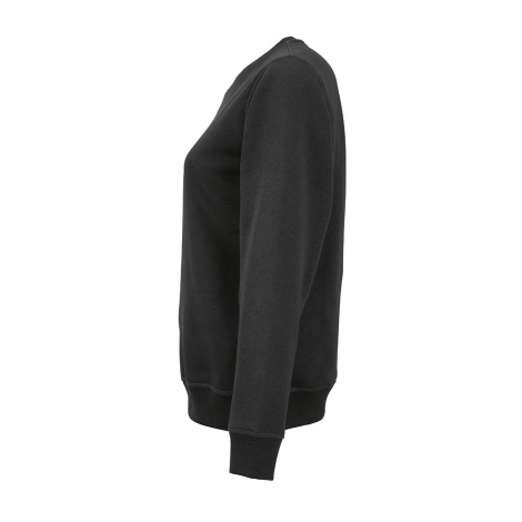 Vue de profil d'un sweat pour femme à col rond noir, sans personnalisation visible.