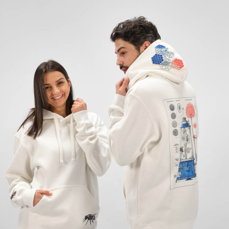 Sweats à capuche portés par un homme et une femme, avec plusieurs motifs visibles sur le devant, la manche, la capuche et le dos