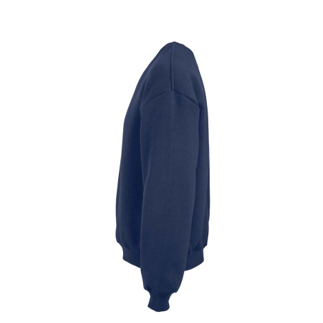Sweat oversize bleu présenté de profil, sans personnalisation visible.