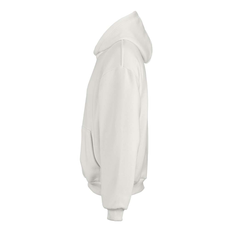 Sweat à capuche oversize unisexe blanc vu de profil, sans marquage visible.