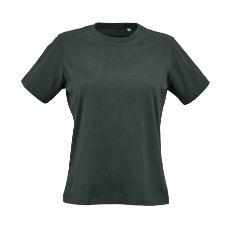 T-shirt pour femme vert foncé vu de face avec col rond, sans marquage visible.