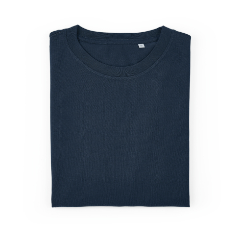T-shirt pour femme bleu marine présenté plié, sans marquage visible.