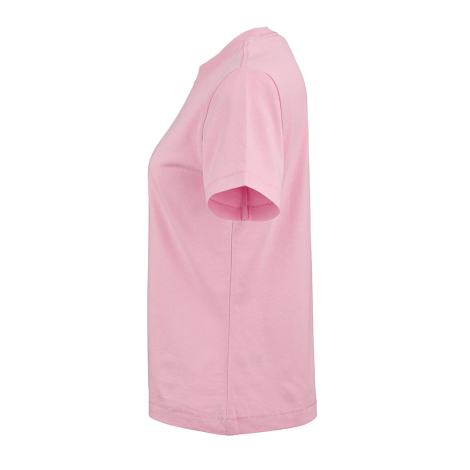 T-shirt pour femme rose vu de profil, sans marquage visible.