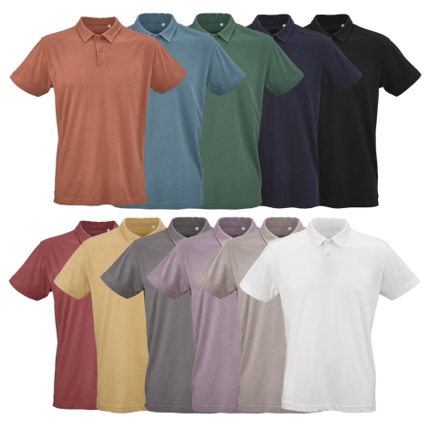 Onze polos unisexes à manches courtes présentés de face dans différents coloris, sans marquage visible.