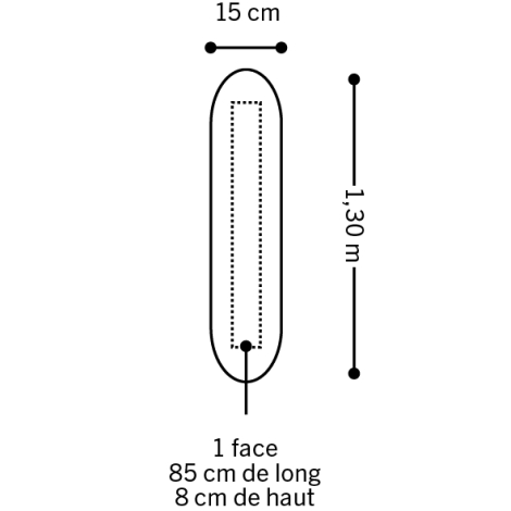 Schéma d’un ballon gonflable allongé avec extrémités arrondies, présenté verticalement avec une zone de personnalisation délimit