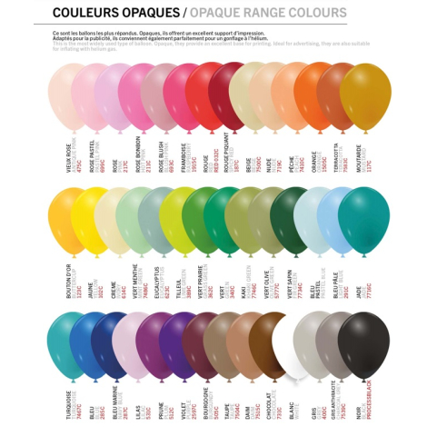 Nuancier présentant plusieurs ballons gonflables opaques regroupés en différentes couleurs, sans marquage visible.