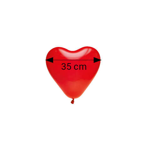 Ballon gonflable rouge en forme de cœur, présenté de face avec une indication de largeur, sans personnalisation visible.