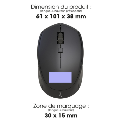 Vue de dessus de la souris avec indication des dimensions du produit et de la zone de marquage située sur la partie inférieure d
