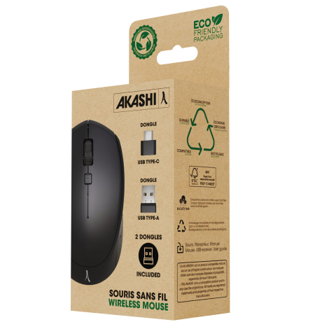 Présentation de la souris dans son emballage en carton, avec mise en avant des deux récepteurs USB Type-A et USB Type-C inclus.