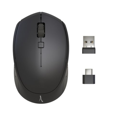 Souris sans fil noire vue de dessus, accompagnée de ses deux récepteurs USB Type-A et USB Type-C, sans marquage publicitaire vis