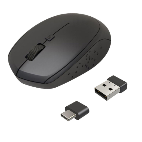 Vue en perspective de la souris sans fil noire accompagnée de ses récepteurs USB Type-A et USB Type-C, sans marquage publicitair