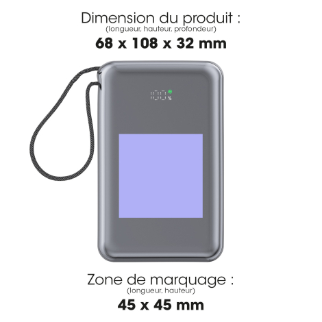 Vue de face de la batterie avec indication des dimensions du produit et de la zone de marquage sur la grande face avant.