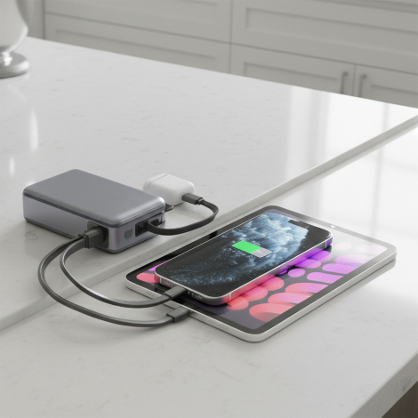 Batterie utilisée pour alimenter simultanément plusieurs appareils électroniques, dont un smartphone, une tablette et des écoute
