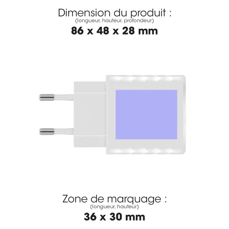 Schéma présentant le chargeur secteur blanc vu de côté, avec indication de ses dimensions et d’une zone de marquage rectangulair