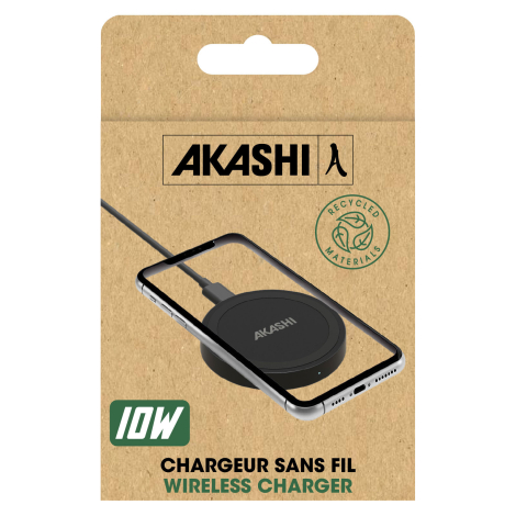 Chargeur rond noir relié à un câble et présenté avec un smartphone sur un emballage en carton brun, avec un marquage visible au 