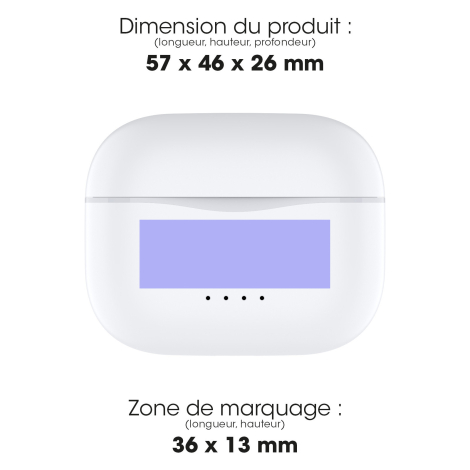 Vue du boîtier fermé indiquant ses dimensions de 57 x 46 x 26 mm et une zone de marquage de 36 x 13 mm sur la face avant.