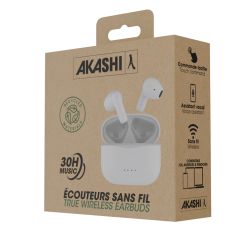 Présentation des écouteurs dans leur emballage en carton, mettant en avant les matériaux recyclés, les commandes tactiles, l’ass