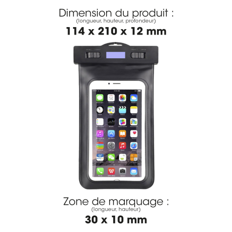 Vue de face de la pochette avec indication des dimensions du produit et de la zone de marquage située au centre de la partie sup
