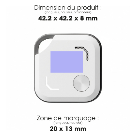 Vue de face du traceur avec indication de ses dimensions, 42,2 × 42,2 × 8 mm, et de la zone prévue pour la personnalisation.