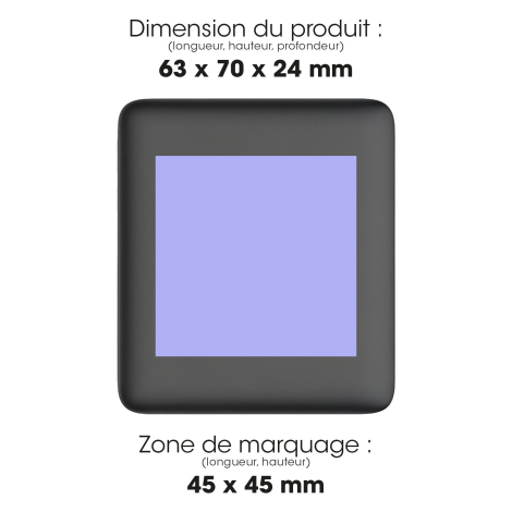 Vue de dessus de la batterie externe indiquant ses dimensions de 63 x 70 x 24 mm et une zone de marquage carrée de 45 x 45 mm su
