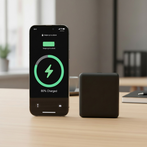 Batterie externe posée à côté d’un smartphone, illustrant son utilisation pour la recharge d’un appareil mobile.