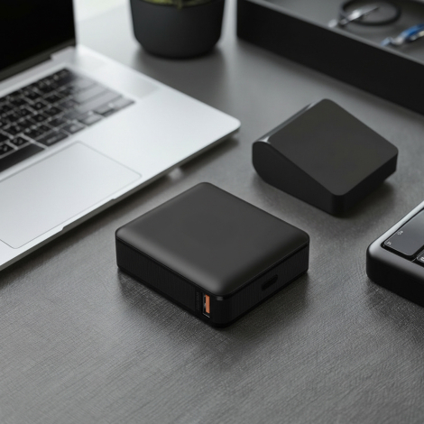 Batterie externe présentée sur un bureau à proximité d’un ordinateur portable et d’un smartphone, illustrant son format compact 