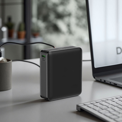 Batterie externe disposée verticalement sur un bureau à proximité d’un ordinateur, avec câble branché sur son port USB-C.