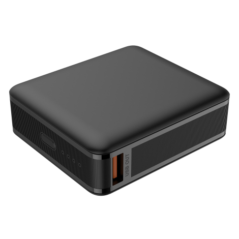 Vue trois-quarts de la batterie externe mettant en évidence son port USB-A, ainsi que les commandes et indicateurs présents sur 