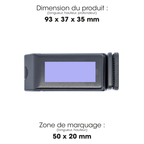 Support de voyage pour smartphone noir présenté à plat, avec indication des dimensions du produit et de la zone de marquage situ