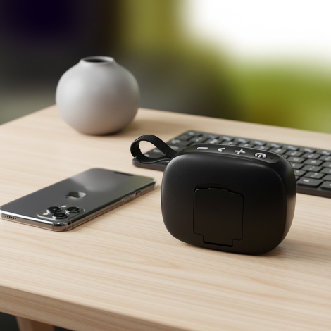 Vue arrière de l’enceinte posée sur un bureau, montrant le support pour smartphone replié lorsqu’il n’est pas utilisé.
