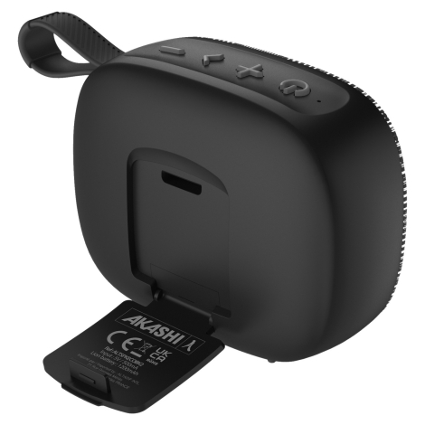 Vue arrière de l’enceinte avec le support déployé, permettant d’observer son système d’ouverture.
