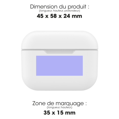 Schéma présentant le boîtier de charge blanc fermé vu de face, avec indication de ses dimensions et d’une zone de marquage recta
