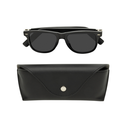 Présentation de face des lunettes audio accompagnées de leur pochette de rangement fermée, sur fond blanc.