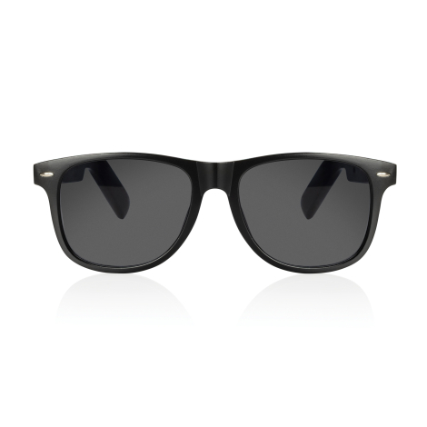 Vue de face des lunettes audio avec monture noire et verres teintés, sans personnalisation visible.