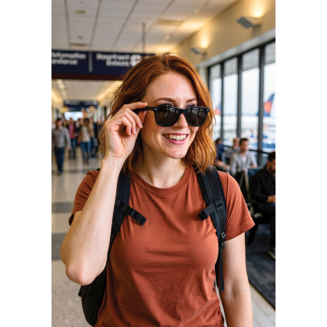 Femme portant les lunettes audio dans un terminal d'aéroport, la main posée sur la branche des lunettes.