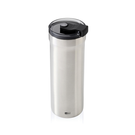 Mug isotherme en acier inoxydable présenté de face avec corps cylindrique et couvercle noir transparent muni d’un système d’ouve