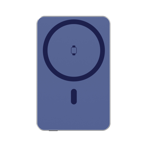 Vue de face d’une batterie externe bleu foncé avec grand repère circulaire de recharge sans fil et pictogramme de montre au cent