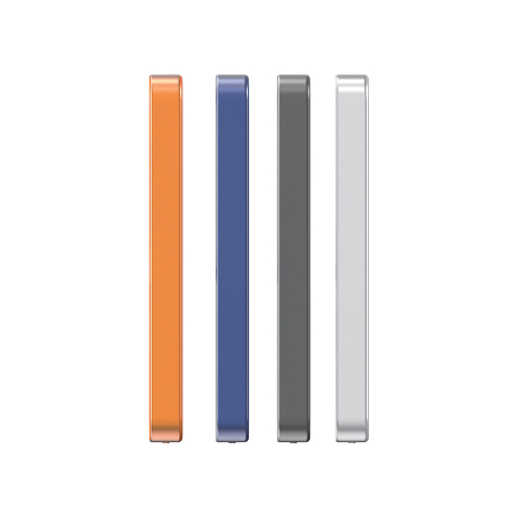 Vue de profil de quatre batteries externes alignées verticalement dans des coloris orange, bleu, gris foncé et argenté, illustra