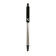 Vue de face d’un stylo à bille à corps argenté facetté, avec pointe et partie supérieure noires, bouton-poussoir et large clip n