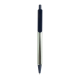 Stylo à bille présenté de face avec corps argenté à trois faces, pointe et partie supérieure bleu foncé, bouton-poussoir et larg