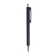 Vue latérale d’un stylo à bille bleu foncé à corps facetté, avec pointe et bouton-poussoir argentés ainsi qu’un long clip métall