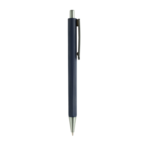 Vue latérale d’un stylo à bille bleu foncé à corps facetté, avec pointe et bouton-poussoir argentés ainsi qu’un long clip métall