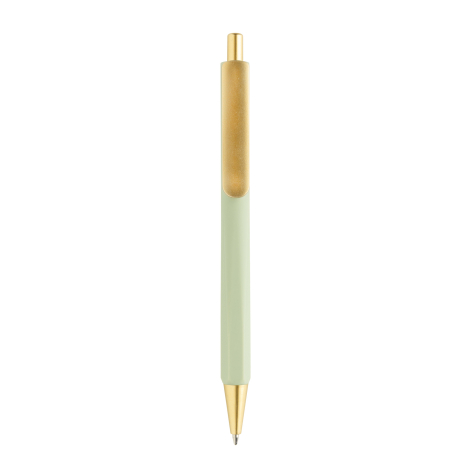 Vue de face d’un stylo vert clair à trois faces, avec finition mate, pointe, bouton-poussoir et long clip métalliques dorés.