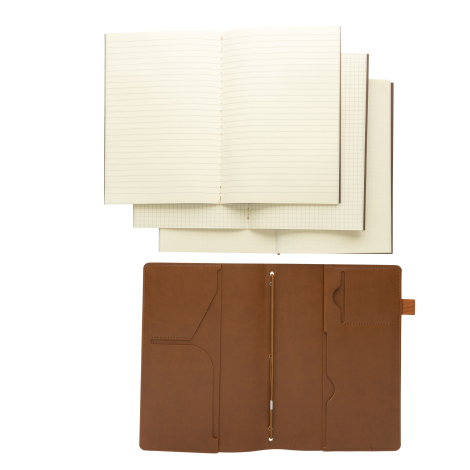 Vue de l’organiseur marron entièrement ouvert avec ses différents compartiments intérieurs et ses trois carnets amovibles à page