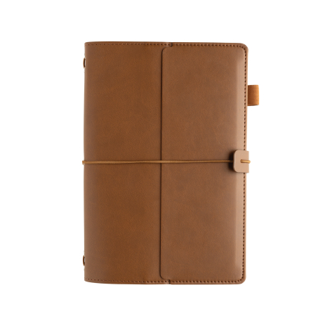 Vue arrière du carnet organiseur marron fermé, avec couverture à surpiqûres, fermeture élastique horizontale et passant pour sty
