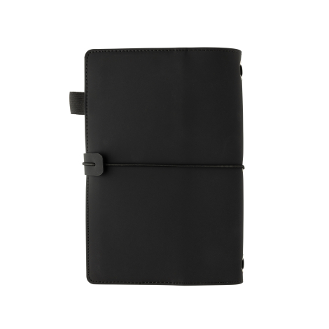 Vue arrière d’un carnet organiseur noir fermé, avec fermeture élastique horizontale et passant latéral.